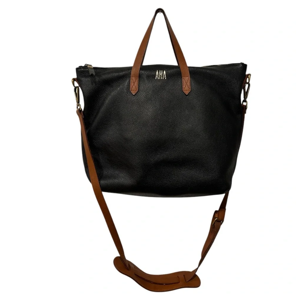 Madewell zip top transport carry all Black Leather Tote Bag monogram initials